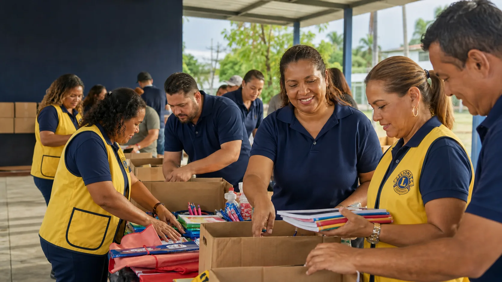 Voluntarios comunitarios con chalecos amarillos de servicio